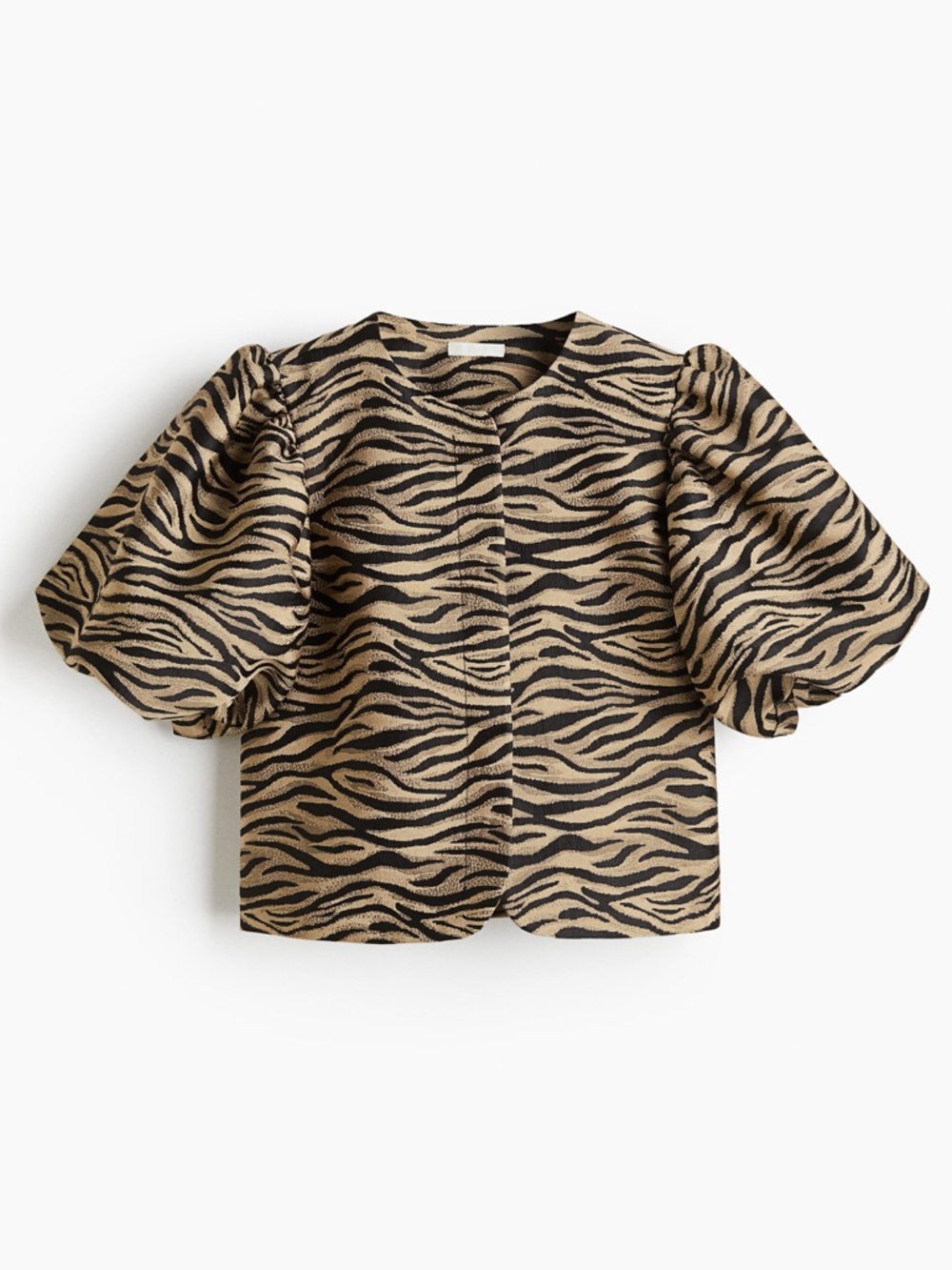 H&M Zebra Jacquard Puff Sleeve Jacket Gold Black Cropped Blazer Size L - Picture 2 of 12